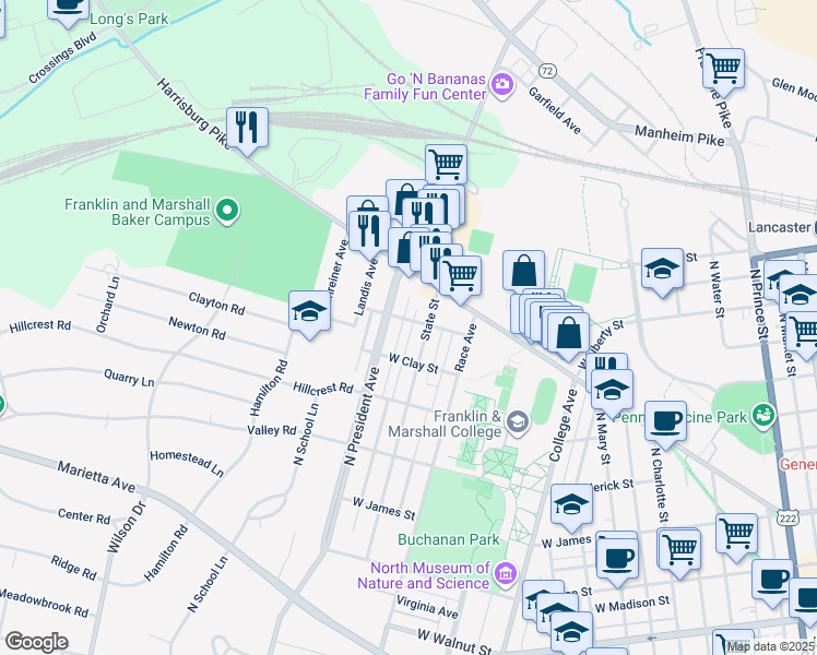 map of restaurants, bars, coffee shops, grocery stores, and more near 1114 West Ross Street in Lancaster