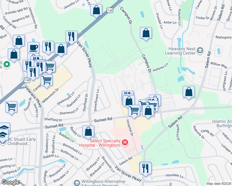 map of restaurants, bars, coffee shops, grocery stores, and more near 35 Sandal Lane in Willingboro