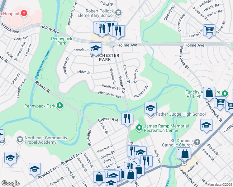 map of restaurants, bars, coffee shops, grocery stores, and more near 3123 Winchester Avenue in Philadelphia