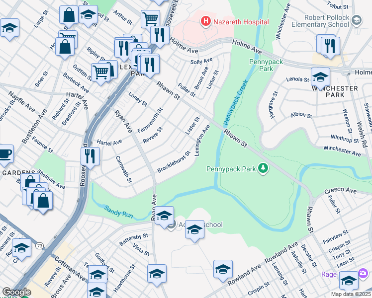 map of restaurants, bars, coffee shops, grocery stores, and more near 7838 Brocklehurst Street in Philadelphia