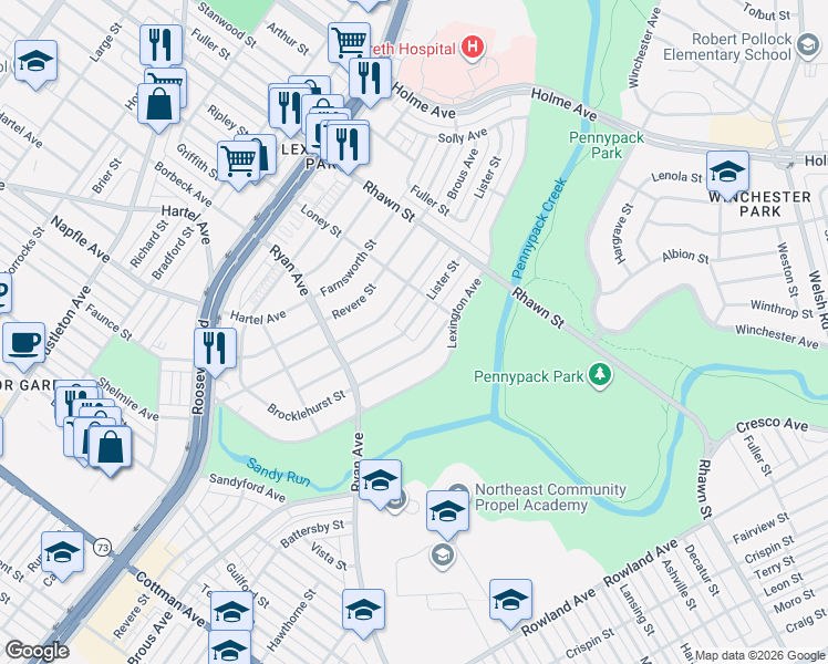 map of restaurants, bars, coffee shops, grocery stores, and more near 7824 Lister Street in Philadelphia