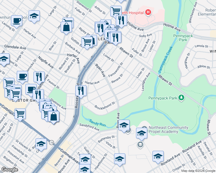 map of restaurants, bars, coffee shops, grocery stores, and more near 7801 Revere Street in Philadelphia