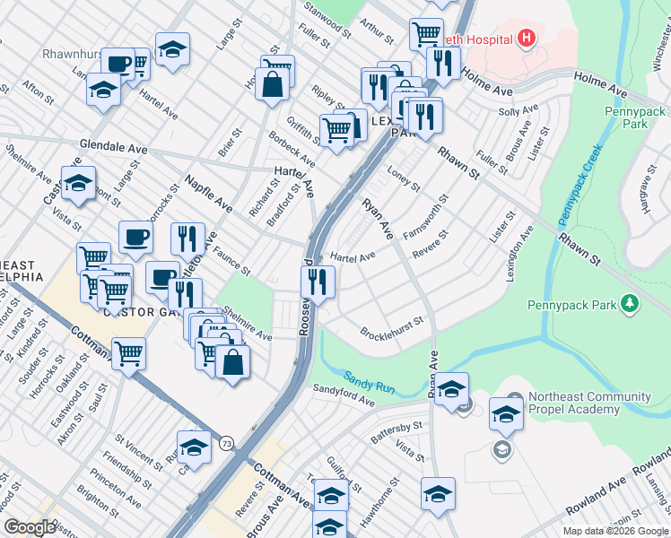 map of restaurants, bars, coffee shops, grocery stores, and more near 7601 Hartel Avenue in Philadelphia
