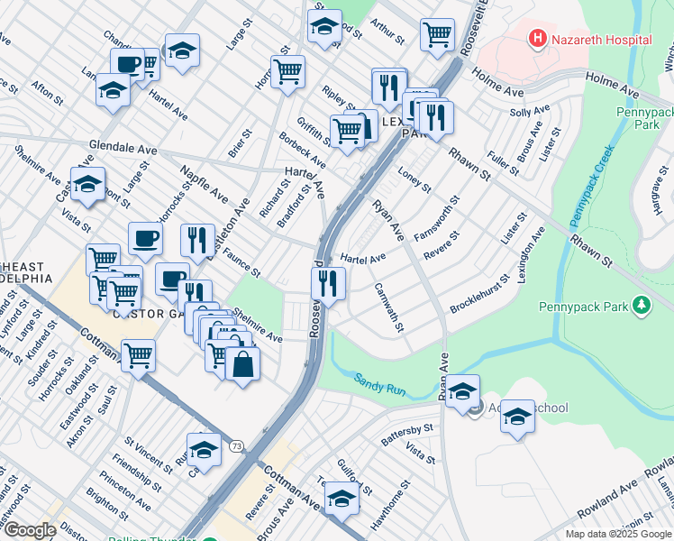 map of restaurants, bars, coffee shops, grocery stores, and more near 7653 Roosevelt Boulevard in Philadelphia