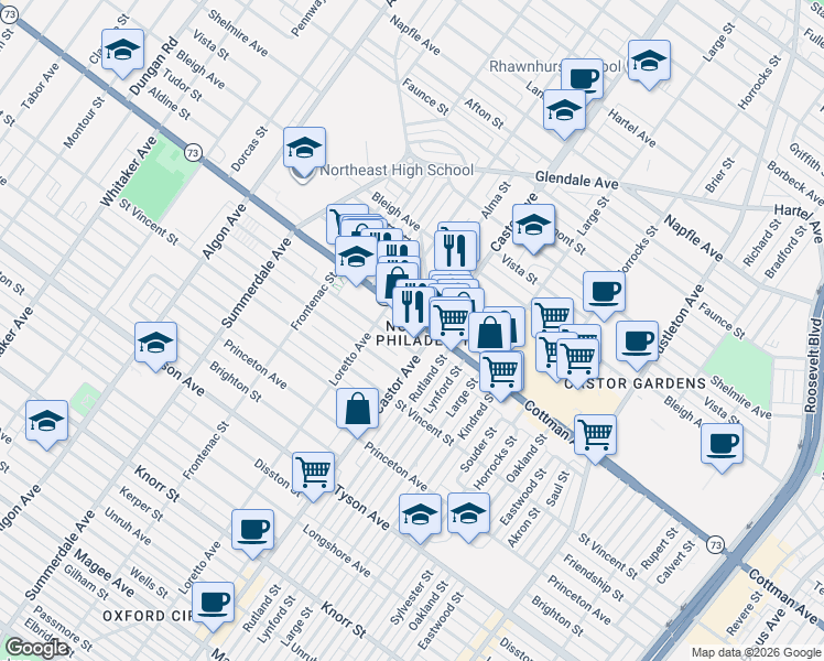 map of restaurants, bars, coffee shops, grocery stores, and more near 1918 Cottman Avenue in Philadelphia