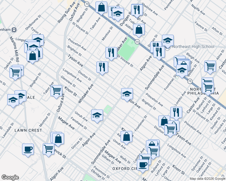 map of restaurants, bars, coffee shops, grocery stores, and more near 960 Tyson Avenue in Philadelphia