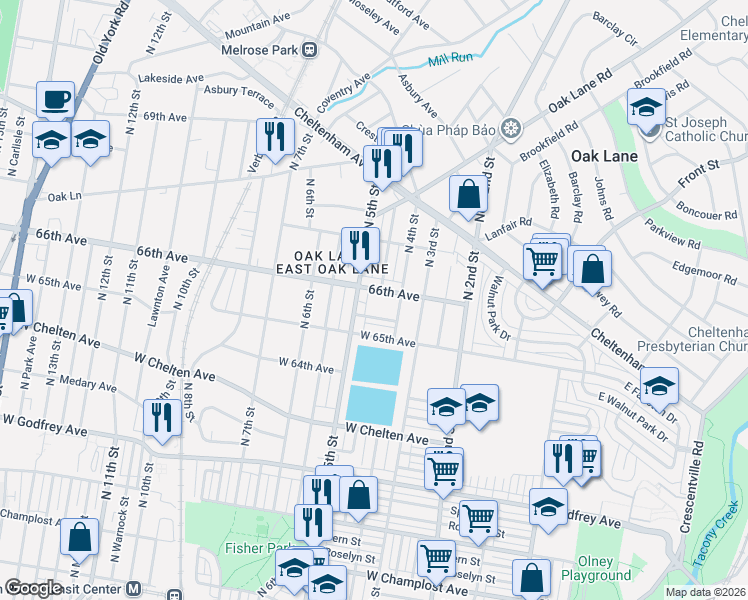 map of restaurants, bars, coffee shops, grocery stores, and more near 406 66th Avenue in Philadelphia