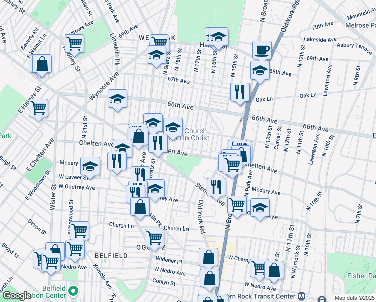 map of restaurants, bars, coffee shops, grocery stores, and more near 6417 North 17th Street in Philadelphia