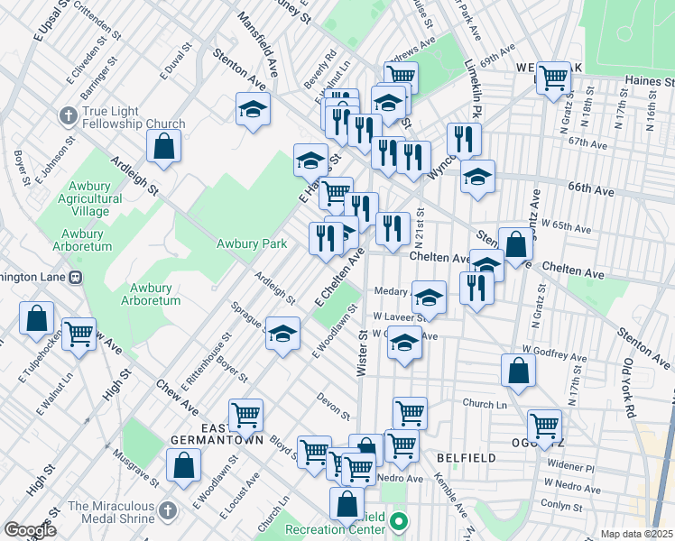 map of restaurants, bars, coffee shops, grocery stores, and more near 1215 East Chelten Avenue in Philadelphia