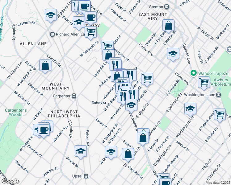 map of restaurants, bars, coffee shops, grocery stores, and more near 15 West Phil Ellena Street in Philadelphia