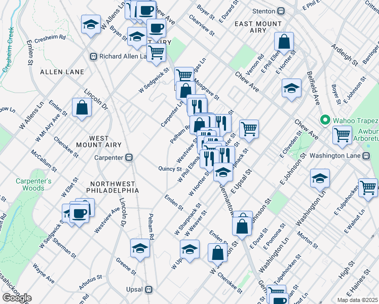 map of restaurants, bars, coffee shops, grocery stores, and more near 20 Westview St in Philadelphia