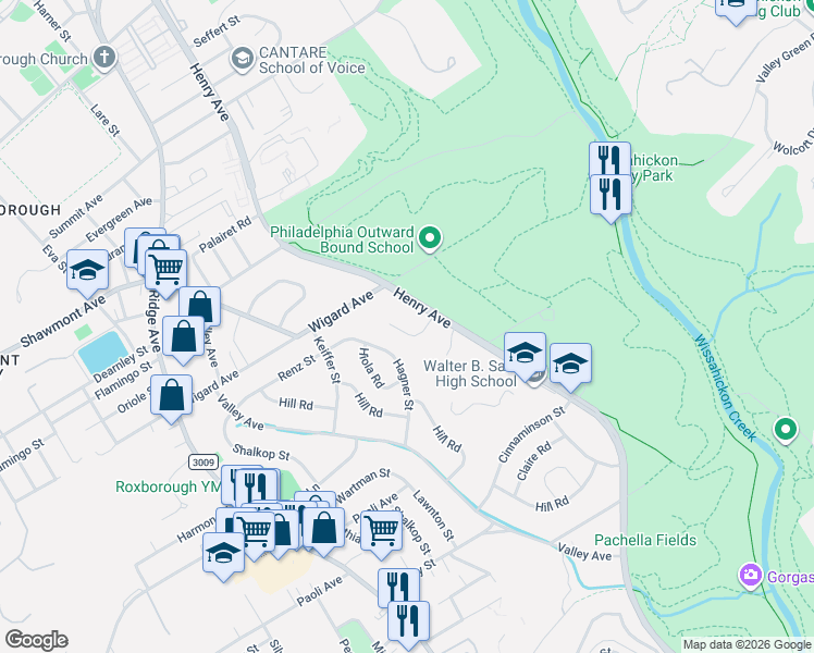 map of restaurants, bars, coffee shops, grocery stores, and more near 714 Valley Green Court in Philadelphia