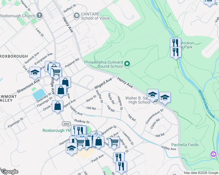 map of restaurants, bars, coffee shops, grocery stores, and more near 627 Wigard Avenue in Philadelphia