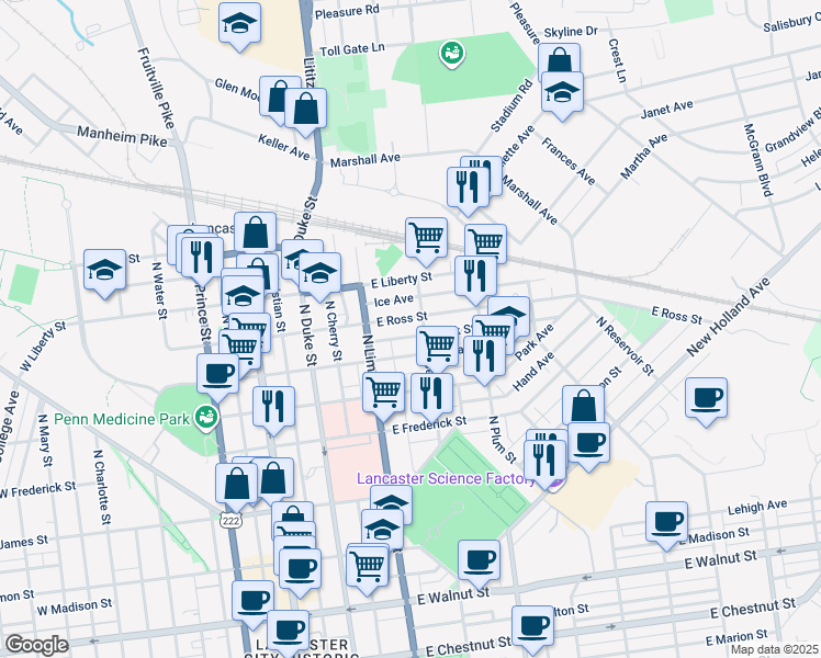 map of restaurants, bars, coffee shops, grocery stores, and more near 252 East Ross Street in Lancaster