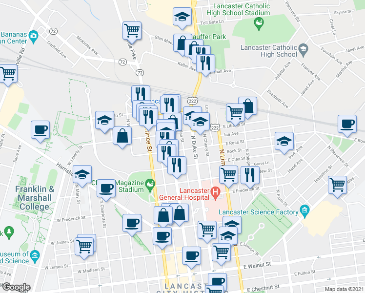 map of restaurants, bars, coffee shops, grocery stores, and more near 902 North Duke Street in Lancaster