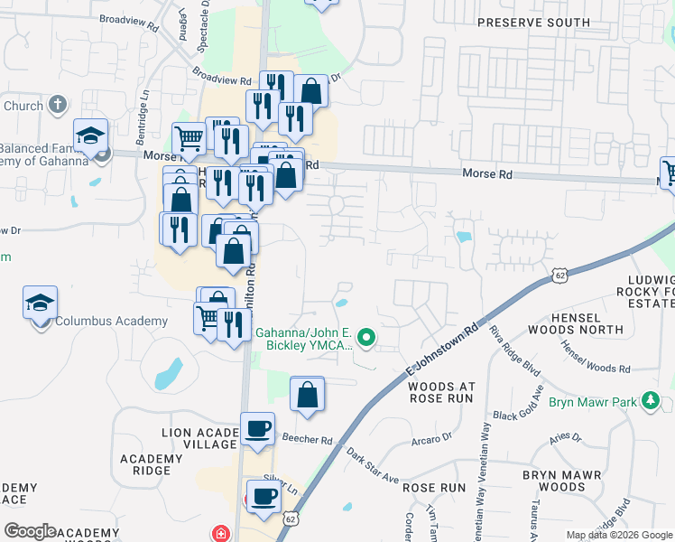 map of restaurants, bars, coffee shops, grocery stores, and more near 1223 Sanctuary Place in Gahanna