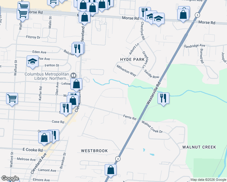 map of restaurants, bars, coffee shops, grocery stores, and more near 2539 Ferris Park Drive North in Columbus