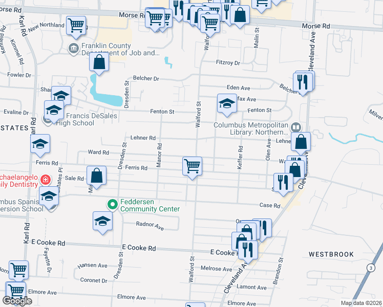 map of restaurants, bars, coffee shops, grocery stores, and more near 1980 Ward Road in Columbus