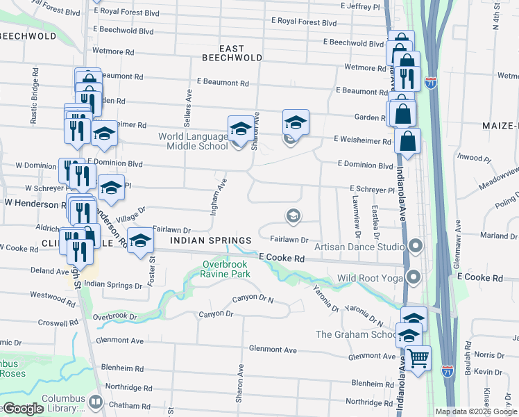 map of restaurants, bars, coffee shops, grocery stores, and more near 421 Springs Drive in Columbus