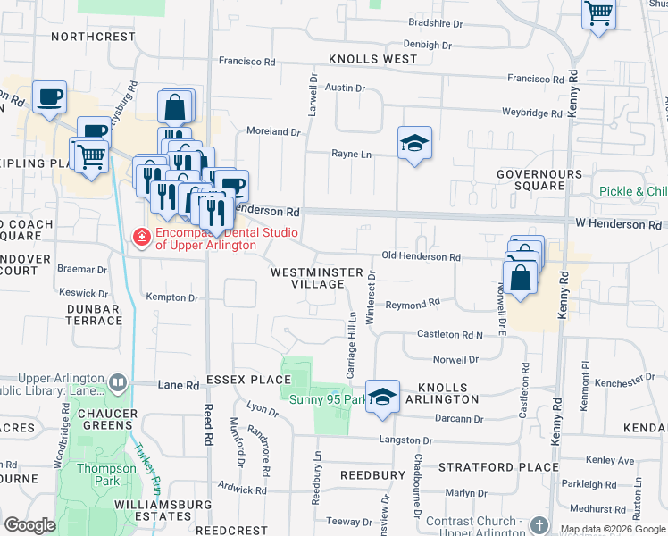 map of restaurants, bars, coffee shops, grocery stores, and more near 4600 Sandringham Drive in Upper Arlington
