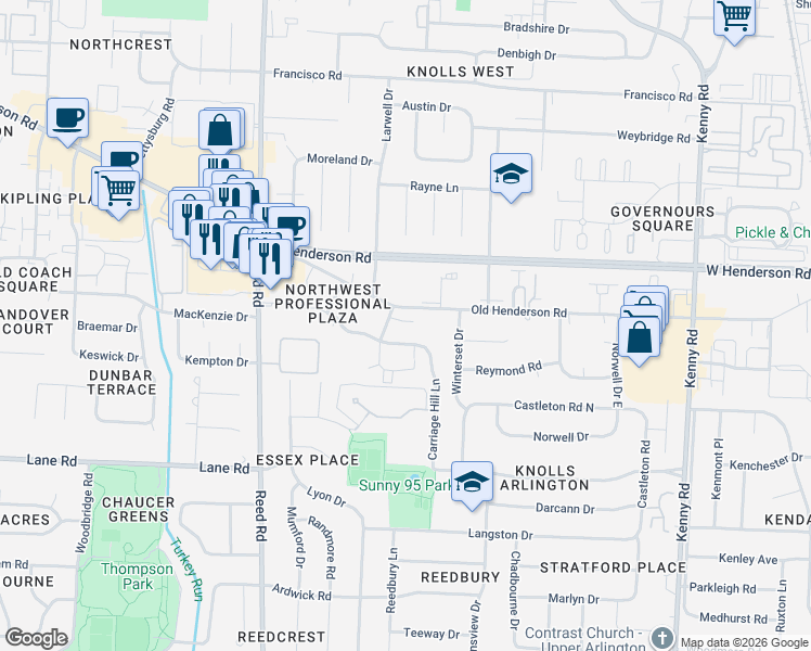 map of restaurants, bars, coffee shops, grocery stores, and more near 4600 Sandringham Drive in Upper Arlington