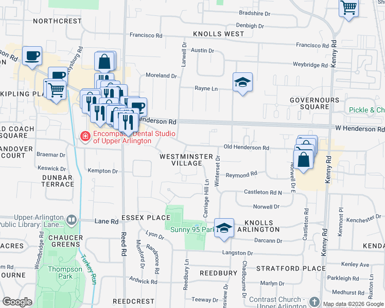 map of restaurants, bars, coffee shops, grocery stores, and more near 4600 Sandringham Drive in Upper Arlington