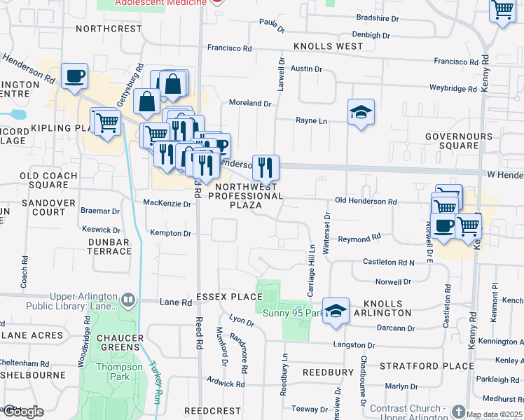 map of restaurants, bars, coffee shops, grocery stores, and more near 1584 Longeaton Drive in Columbus
