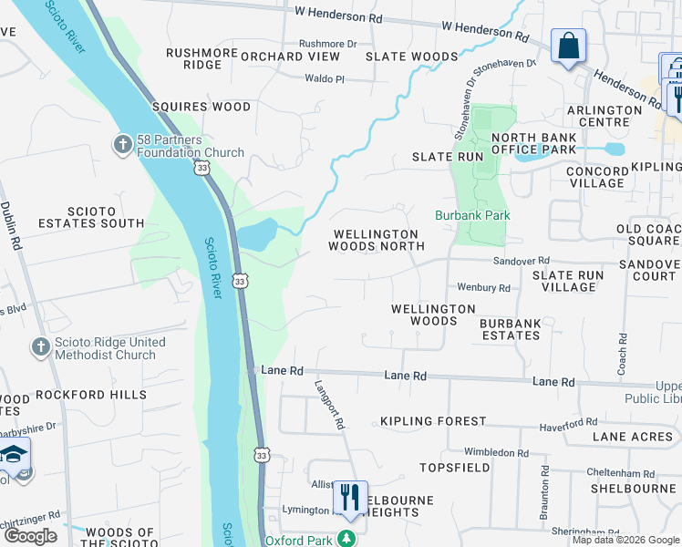 map of restaurants, bars, coffee shops, grocery stores, and more near 2680 Sandover Road in Columbus