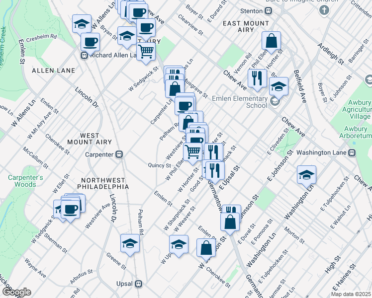 map of restaurants, bars, coffee shops, grocery stores, and more near 15 West Phil Ellena Street in Philadelphia