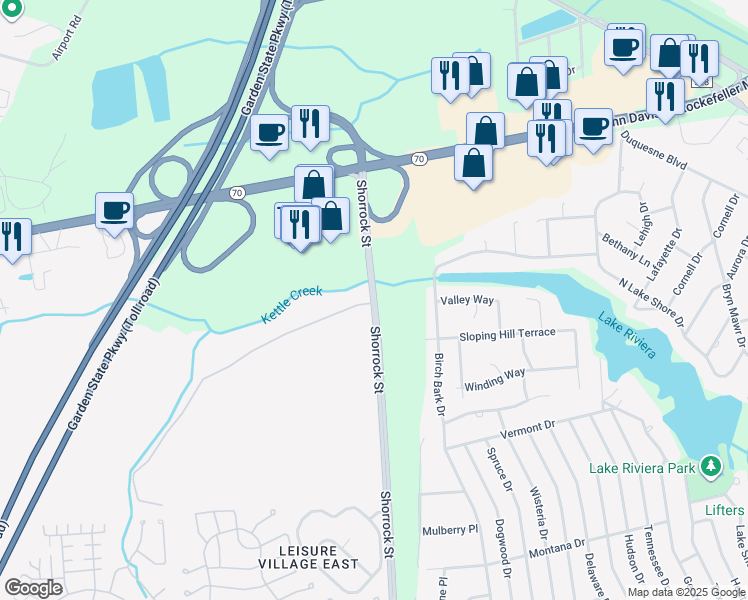 map of restaurants, bars, coffee shops, grocery stores, and more near Shorrock Street in Lakewood Township