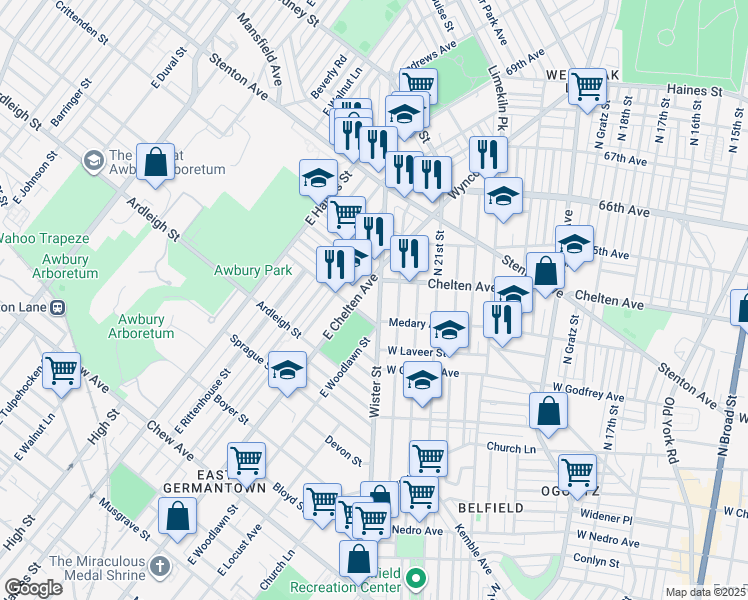 map of restaurants, bars, coffee shops, grocery stores, and more near 6326 Wister Street in Philadelphia
