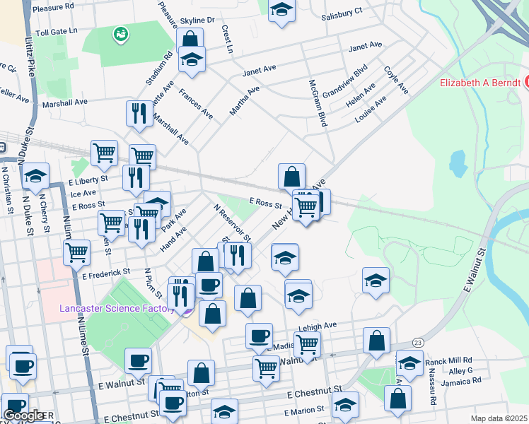 map of restaurants, bars, coffee shops, grocery stores, and more near 754 Hamilton Street in Lancaster