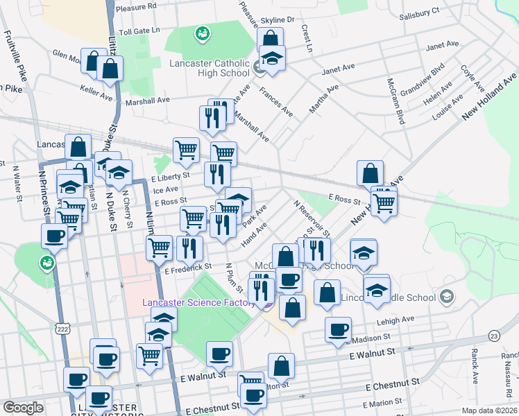 map of restaurants, bars, coffee shops, grocery stores, and more near 812 North Ann Street in Lancaster