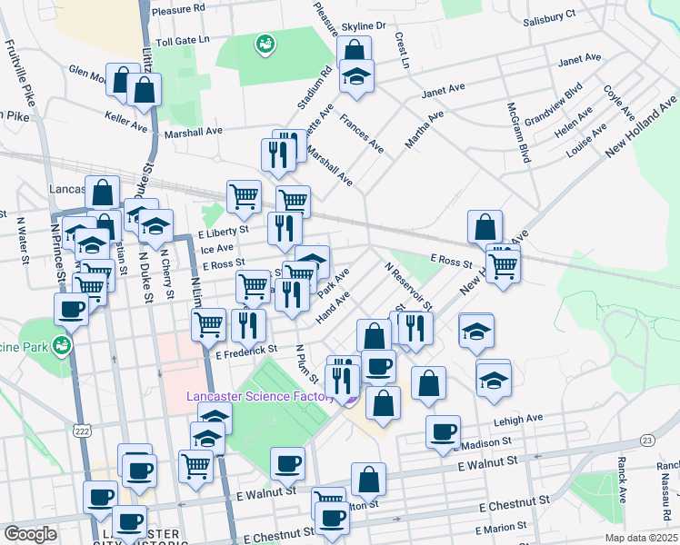 map of restaurants, bars, coffee shops, grocery stores, and more near 812 North Ann Street in Lancaster