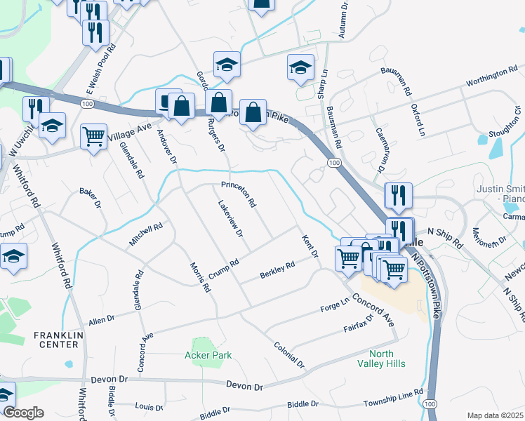 map of restaurants, bars, coffee shops, grocery stores, and more near 126 Princeton Road in Exton