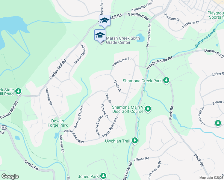 map of restaurants, bars, coffee shops, grocery stores, and more near 923 Evan Drive in Downingtown