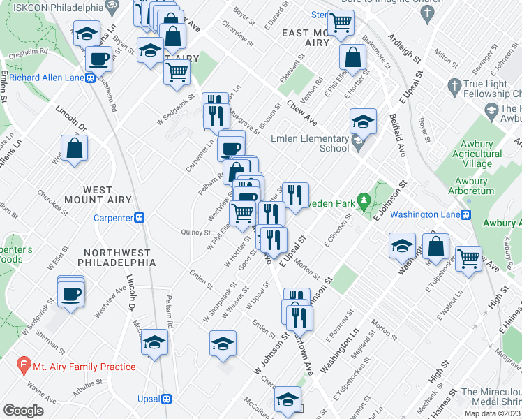 map of restaurants, bars, coffee shops, grocery stores, and more near 17 East Hortter Street in Philadelphia