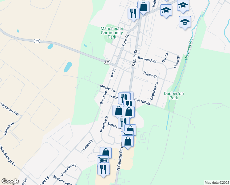 map of restaurants, bars, coffee shops, grocery stores, and more near 30 Loucks Street in Manchester