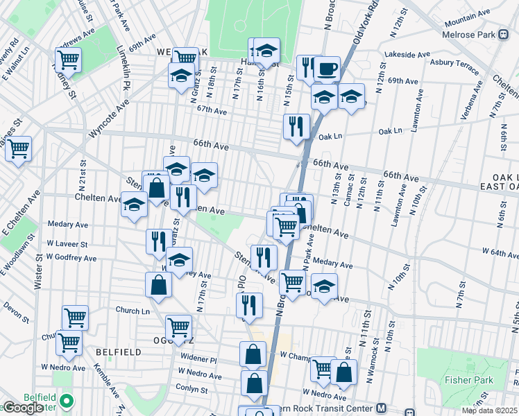 map of restaurants, bars, coffee shops, grocery stores, and more near 6415 North Sydenham Street in Philadelphia