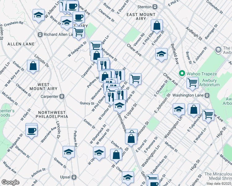 map of restaurants, bars, coffee shops, grocery stores, and more near 17 East Hortter Street in Philadelphia