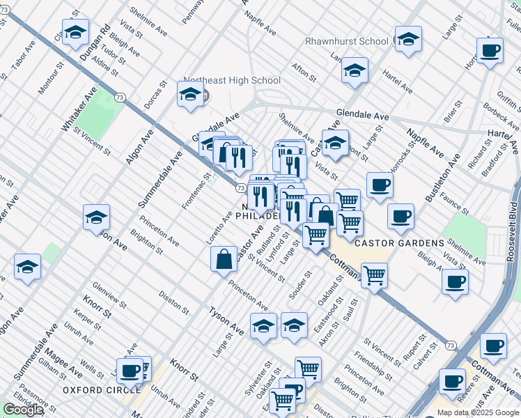 map of restaurants, bars, coffee shops, grocery stores, and more near 1936 Cottman Avenue in Philadelphia