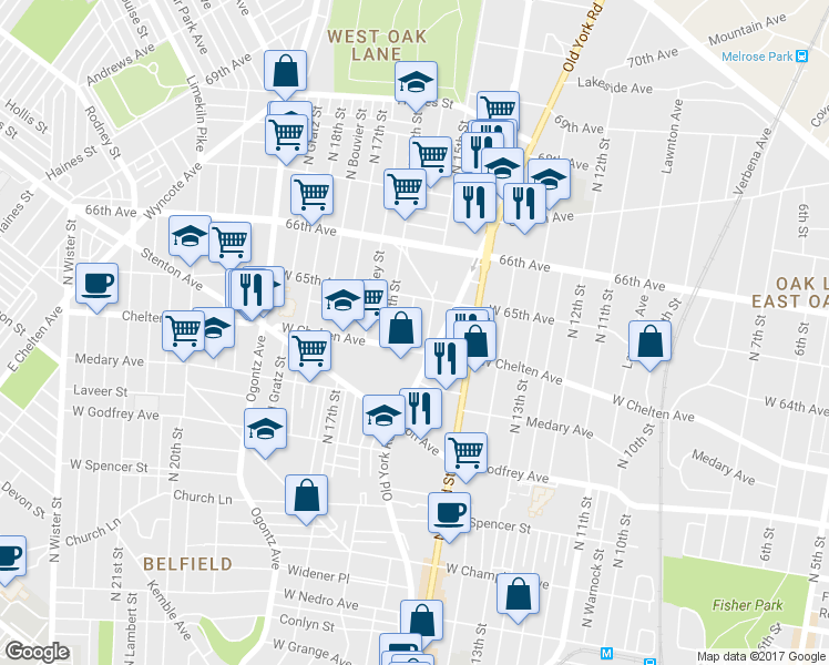 map of restaurants, bars, coffee shops, grocery stores, and more near 6415 North Sydenham Street in Philadelphia