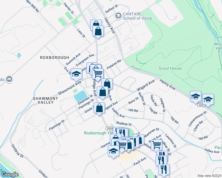map of restaurants, bars, coffee shops, grocery stores, and more near 7541 Valley Avenue in Philadelphia