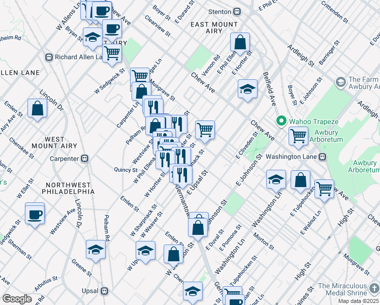 map of restaurants, bars, coffee shops, grocery stores, and more near East Montana Street in Philadelphia