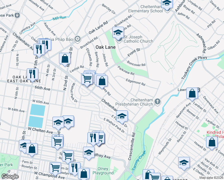 map of restaurants, bars, coffee shops, grocery stores, and more near 38 Lanfair Road in Montgomery County