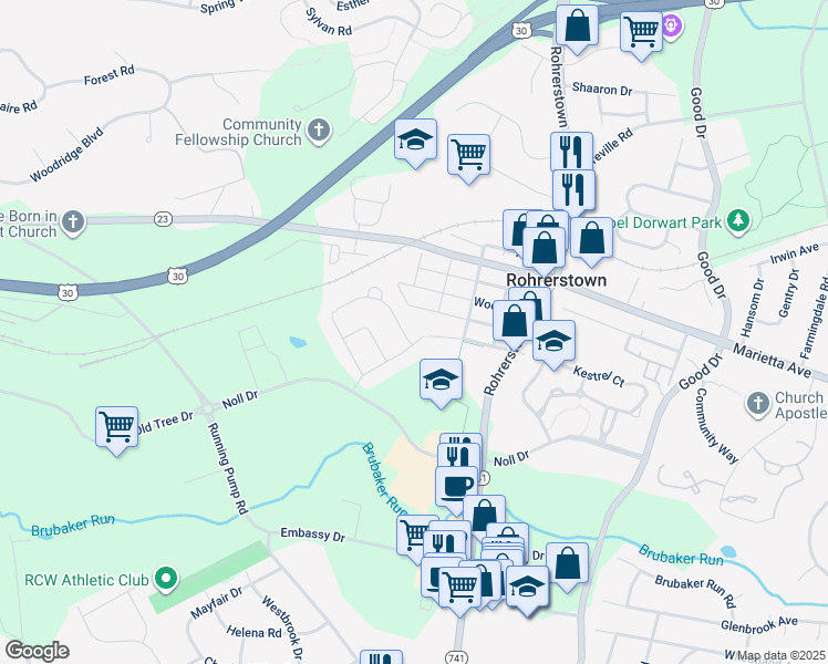 map of restaurants, bars, coffee shops, grocery stores, and more near 573 Red Maple Way in Lancaster