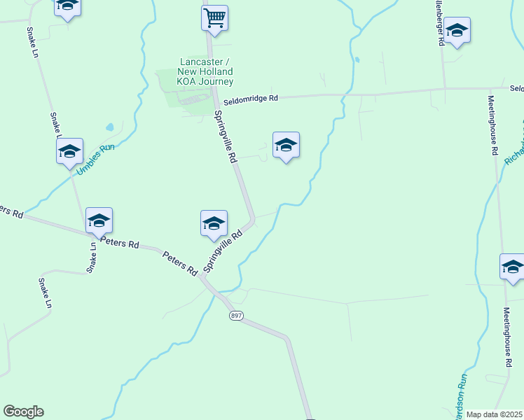 map of restaurants, bars, coffee shops, grocery stores, and more near 277 Springville Road in Kinzers