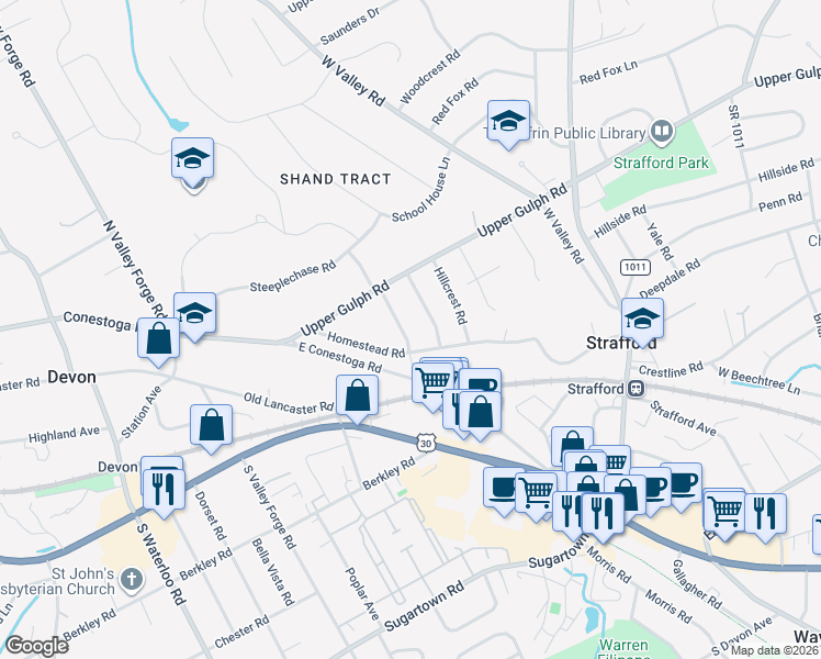 map of restaurants, bars, coffee shops, grocery stores, and more near 231 Sunset Road in Wayne