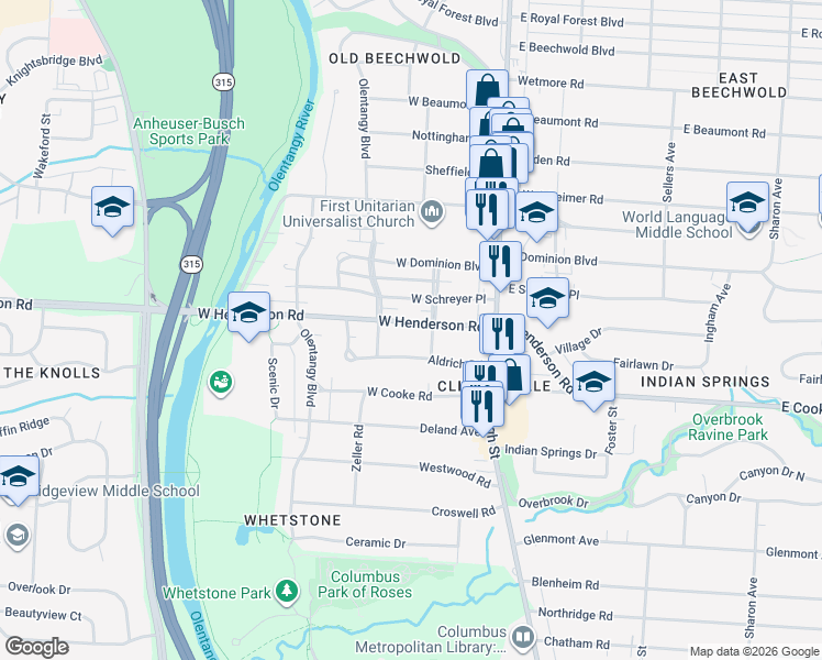 map of restaurants, bars, coffee shops, grocery stores, and more near 117 West Henderson Road in Columbus