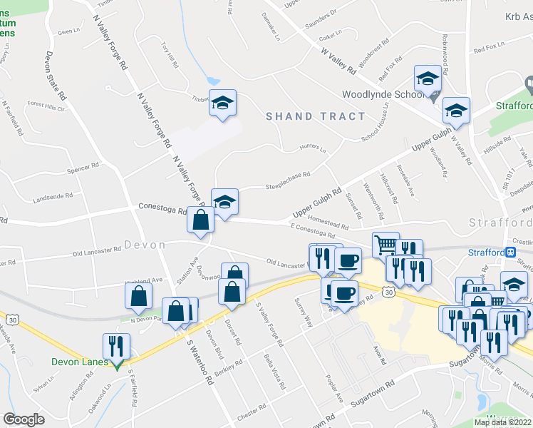 map of restaurants, bars, coffee shops, grocery stores, and more near 25 Conestoga Road in Devon
